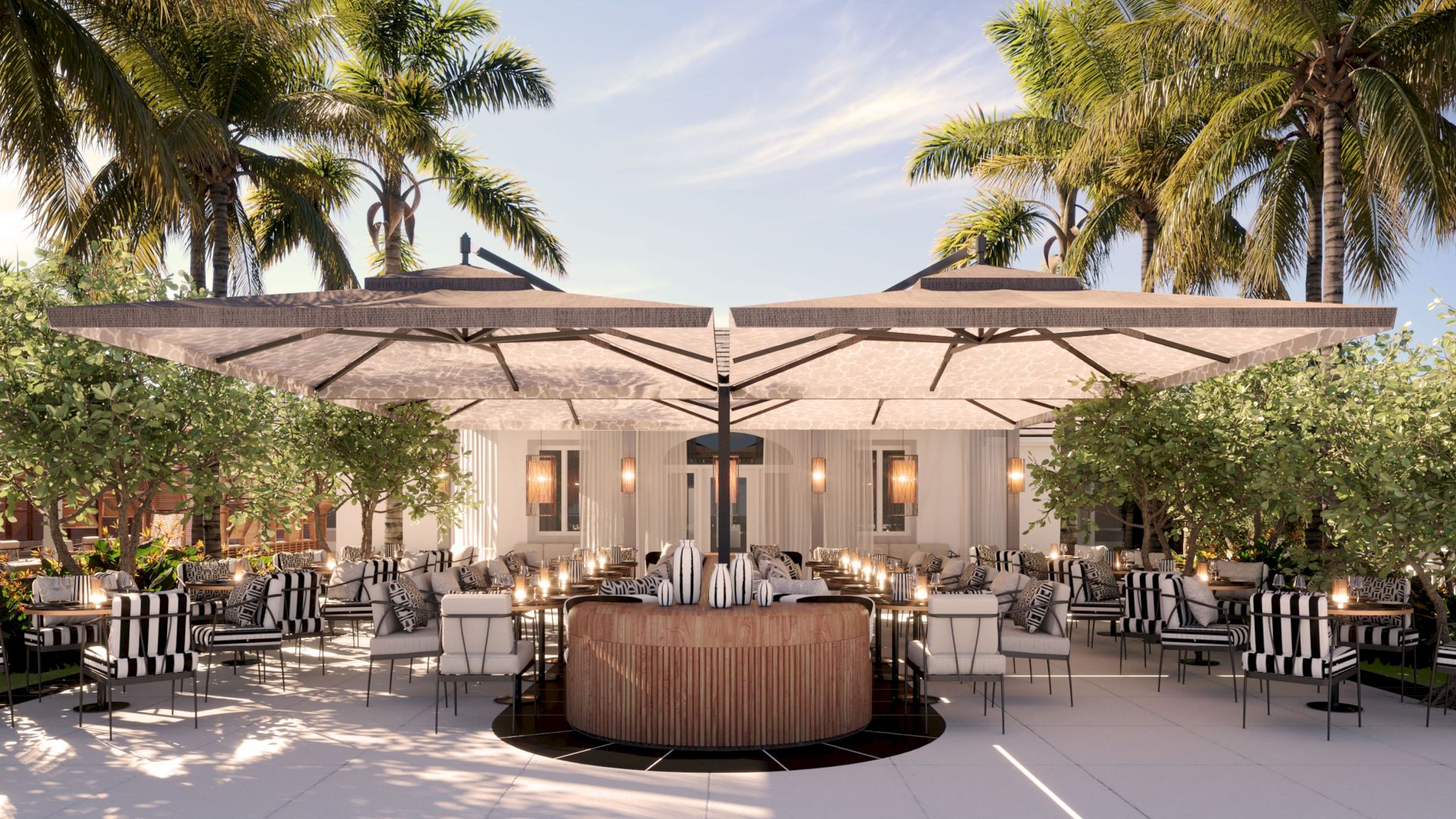 Sunlit tropical lounge with striped cushioned chairs, palm trees, and a sleek cabana terrace by warm outdoor lighting.